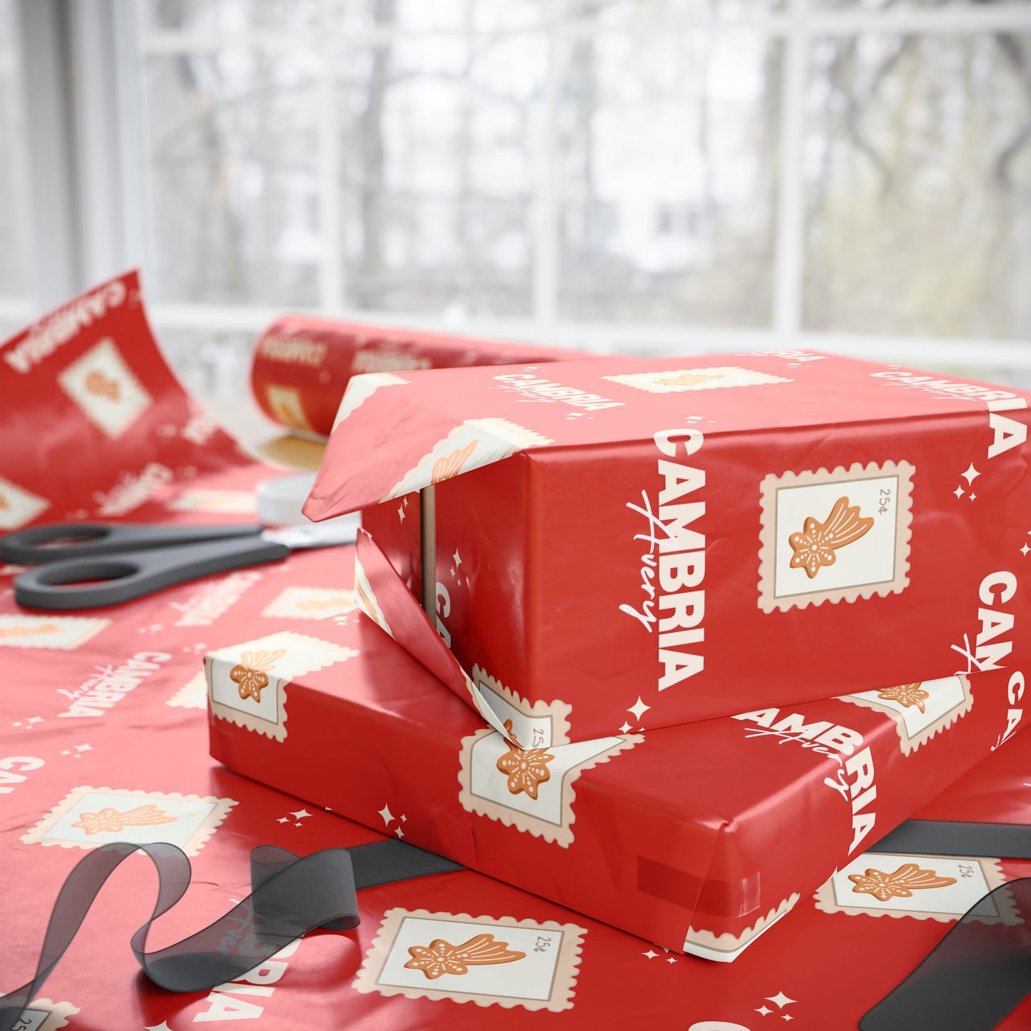 Gingerbread Cookie Stamp wrapping paper Red concretebarnco