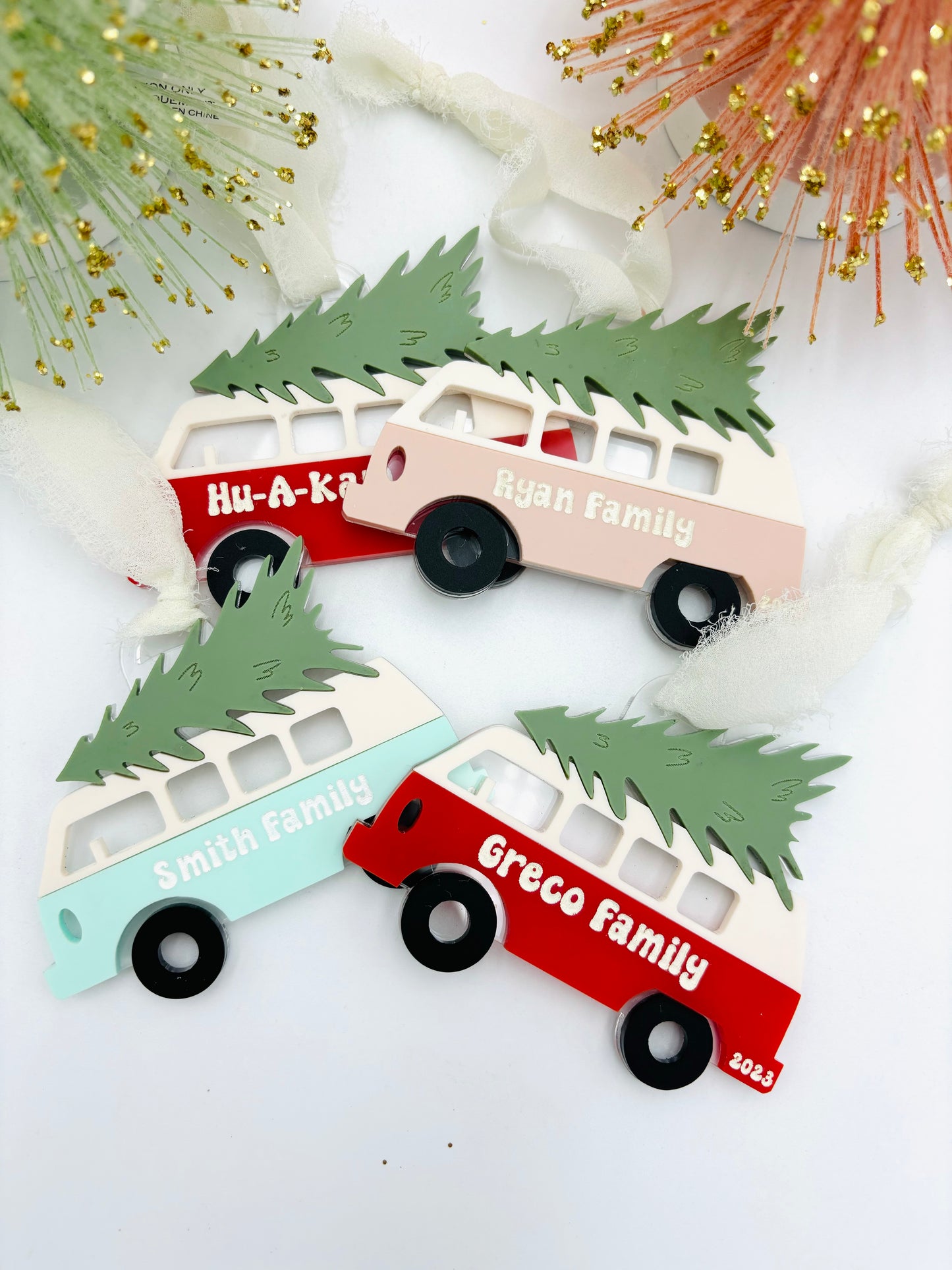 Retro Bus With Tree Personalized Christmas ornament