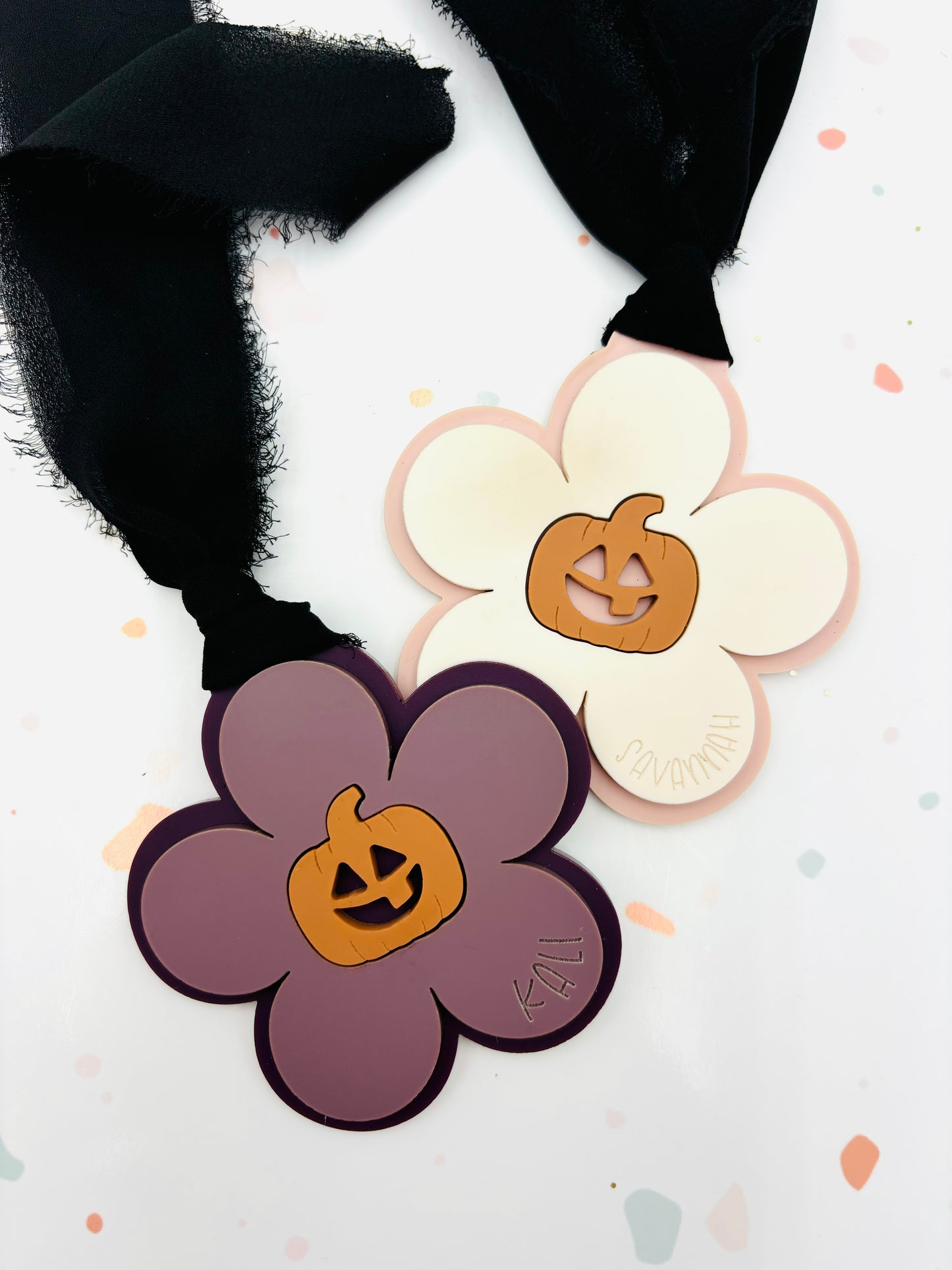 Halloween flower with jack-o-lantern bag tag