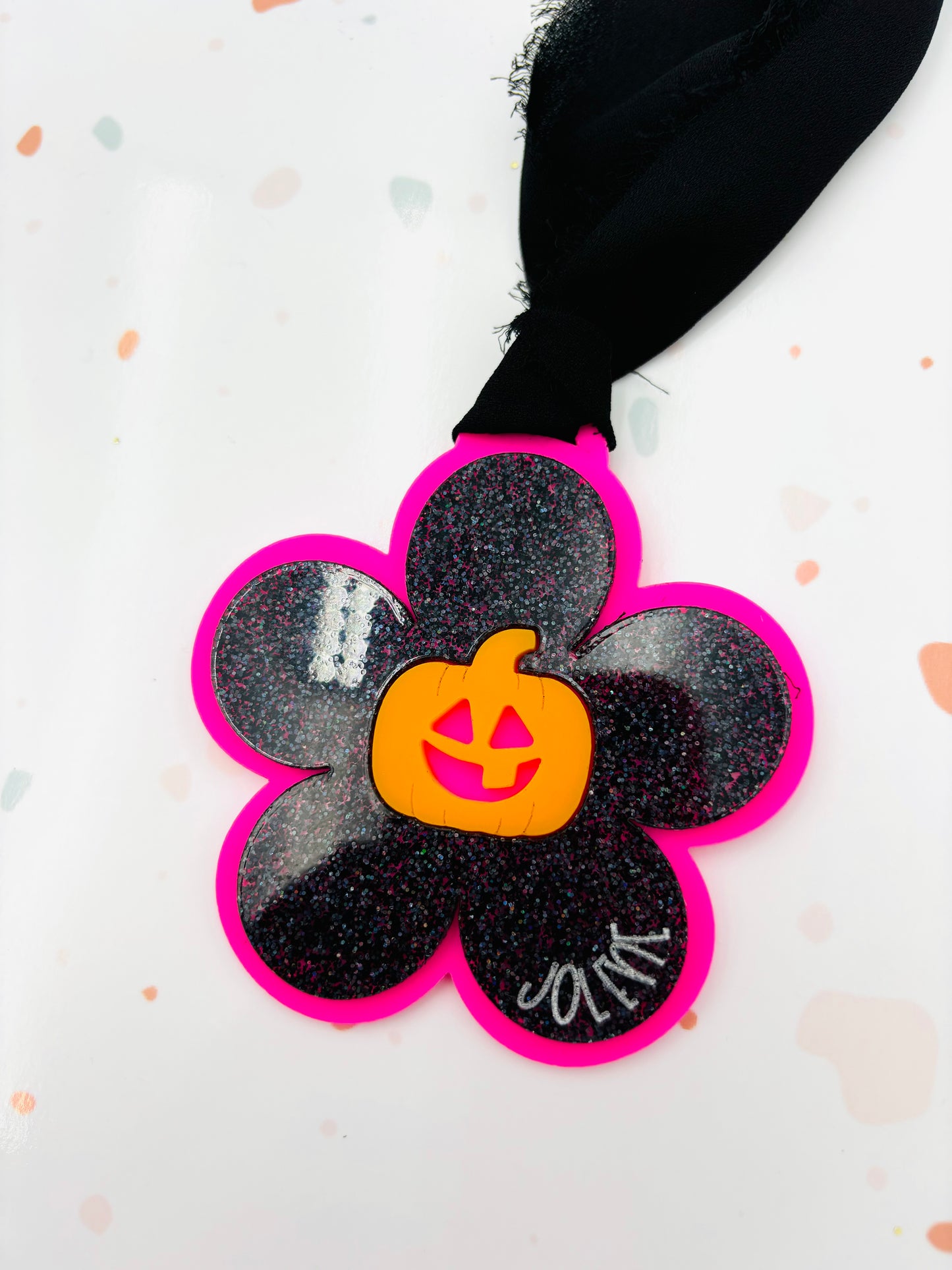 Halloween flower with jack-o-lantern bag tag