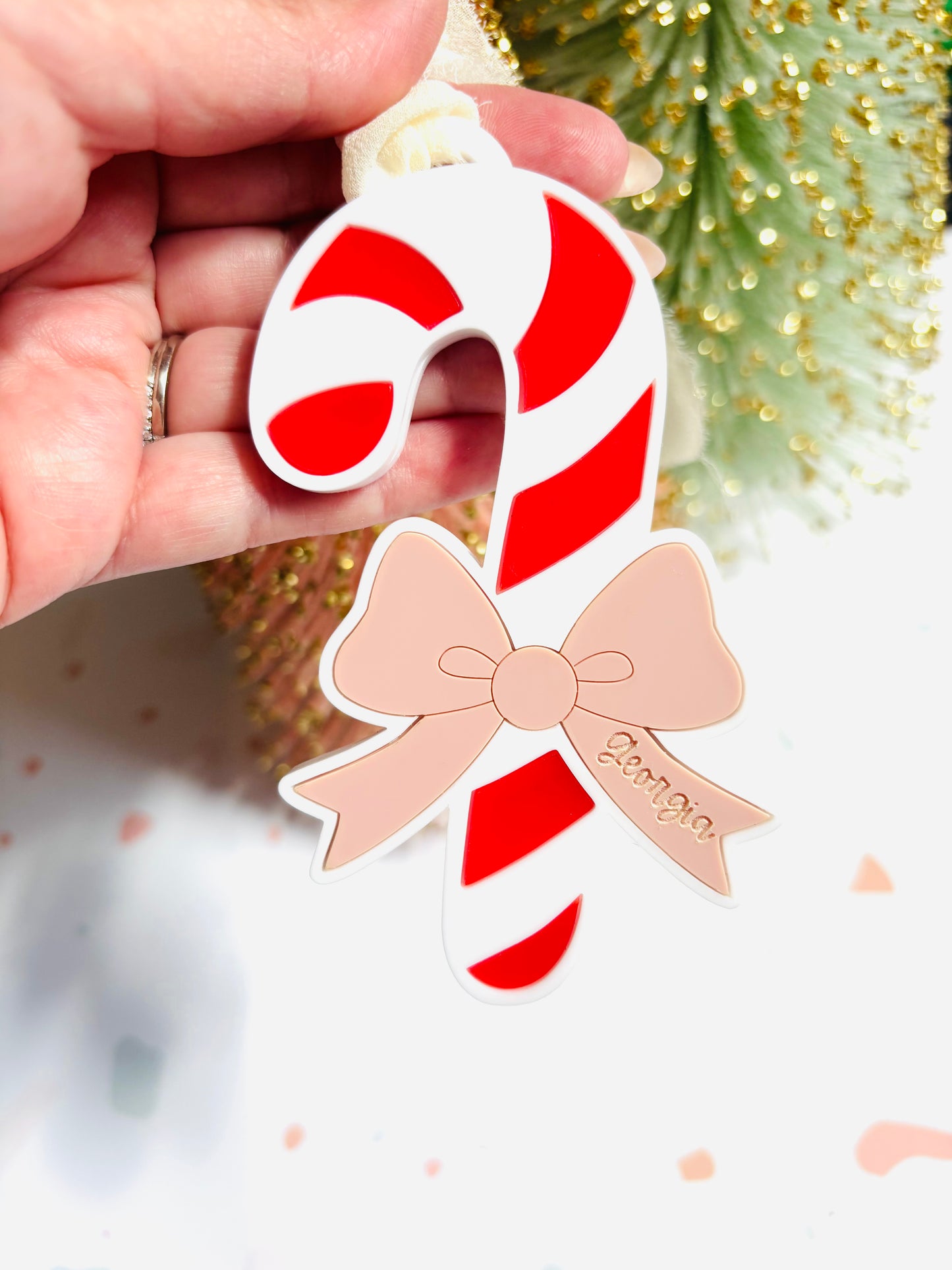 Candy Cane with Bow Christmas Ornament or Stocking tag