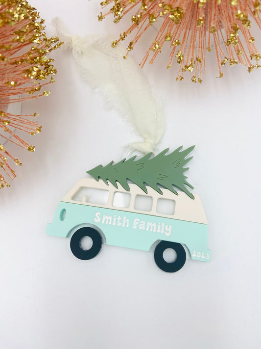 Retro Bus With Tree Personalized Christmas ornament