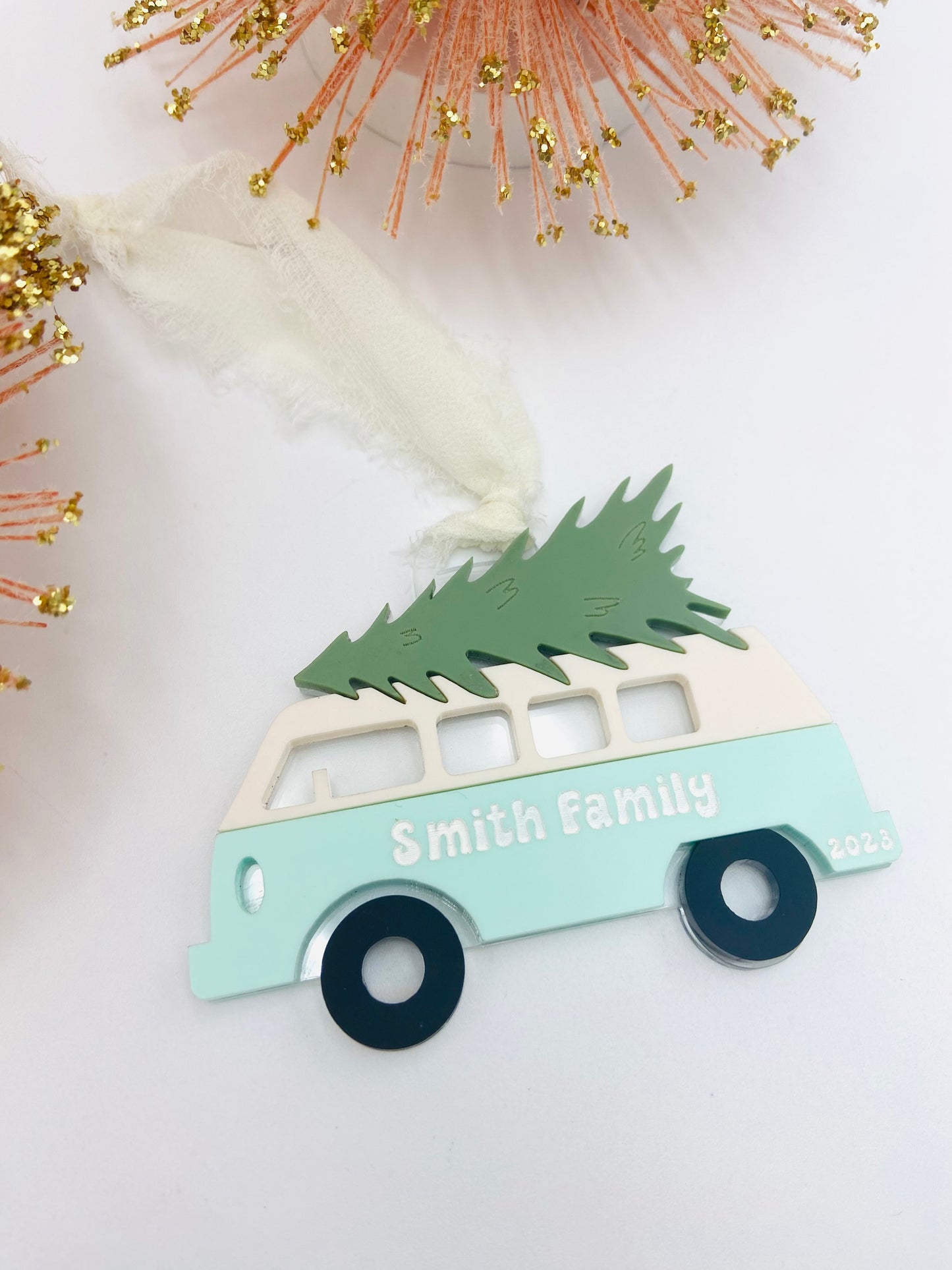 Retro Bus With Tree Personalized Christmas ornament