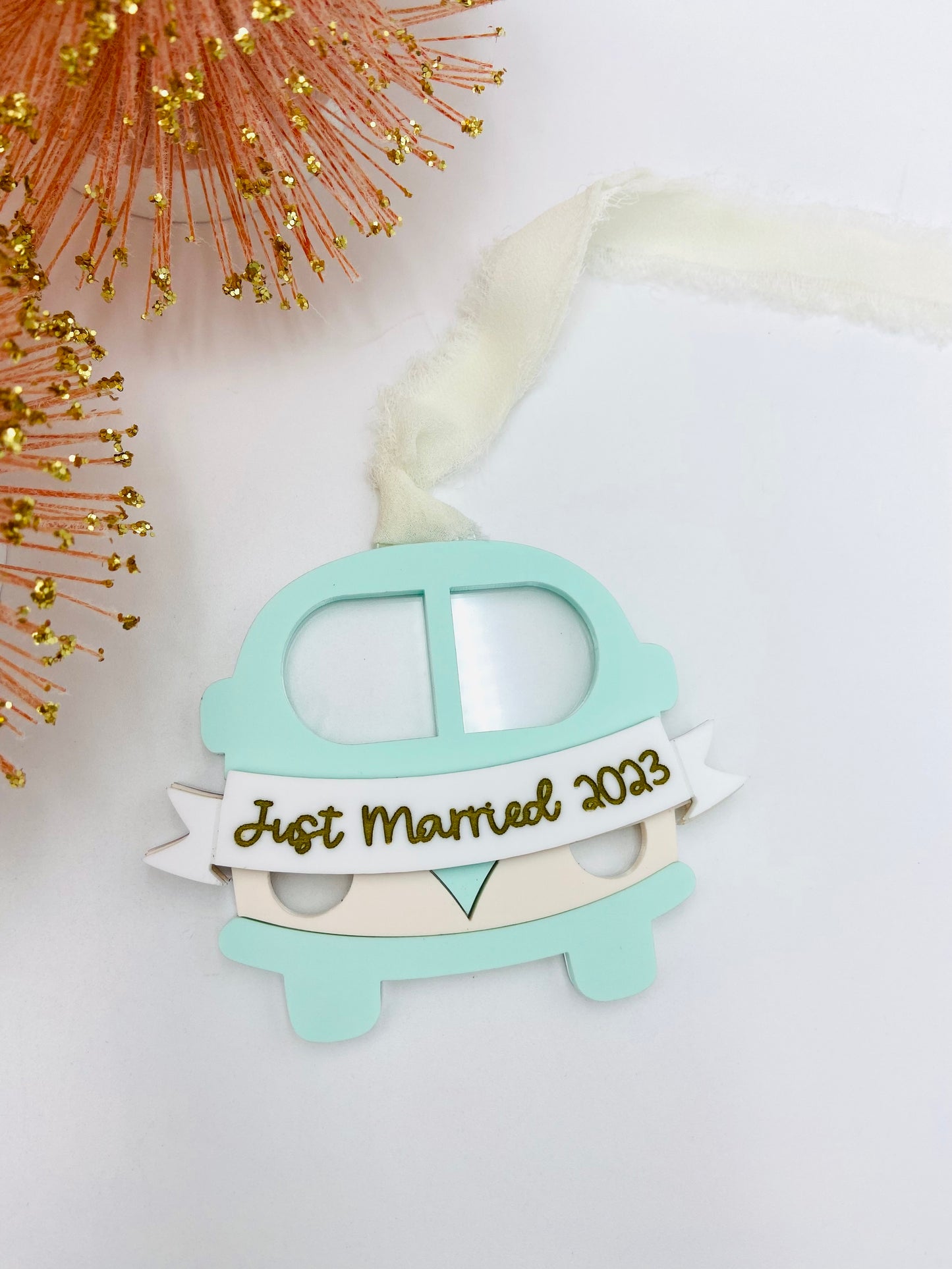 First Year Married Bus Banner Personalized Christmas ornament