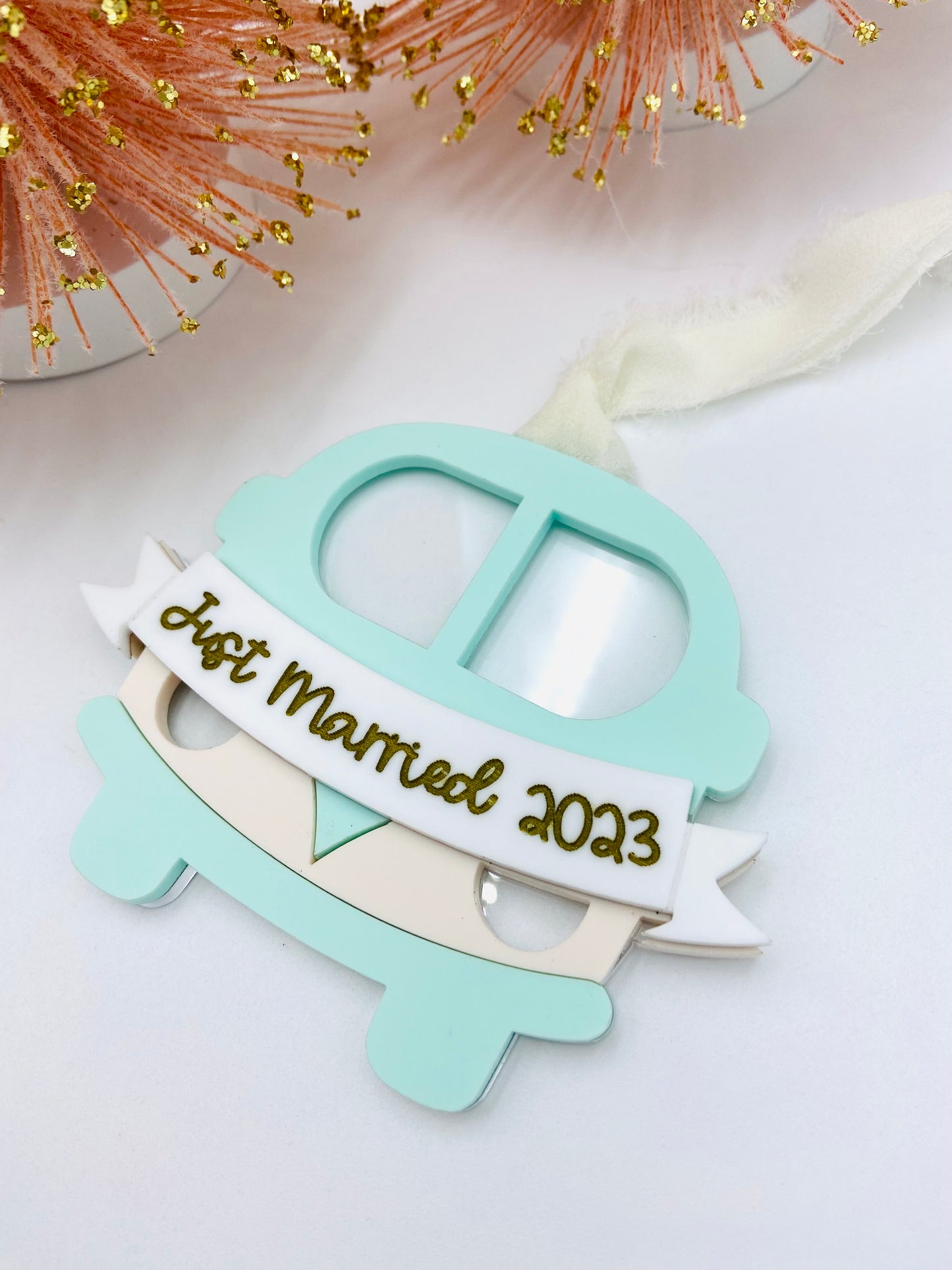 First Year Married Bus Banner Personalized Christmas ornament