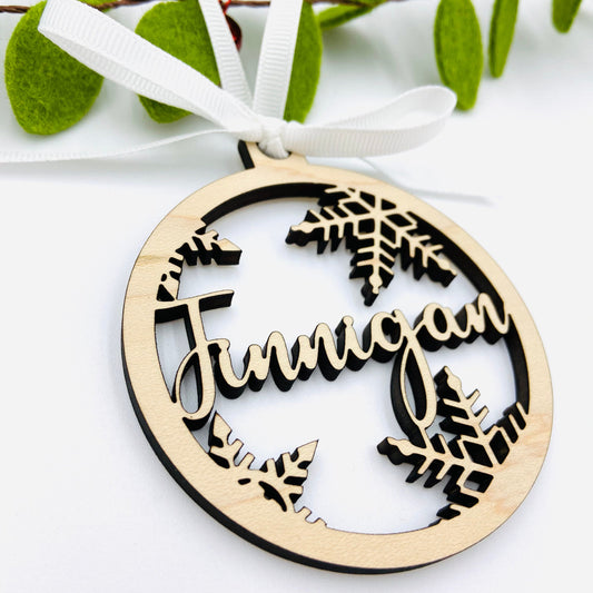 Custom laser cut name and snowflake Christmas ornament