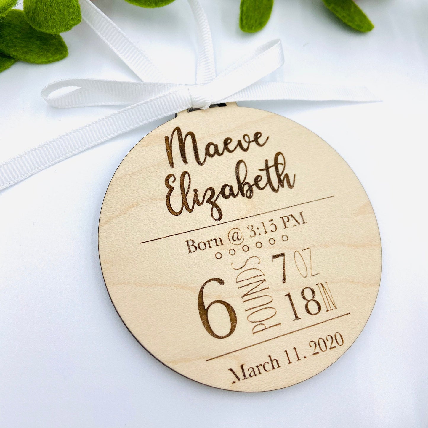 Custom engraved birth statistics Christmas ornament