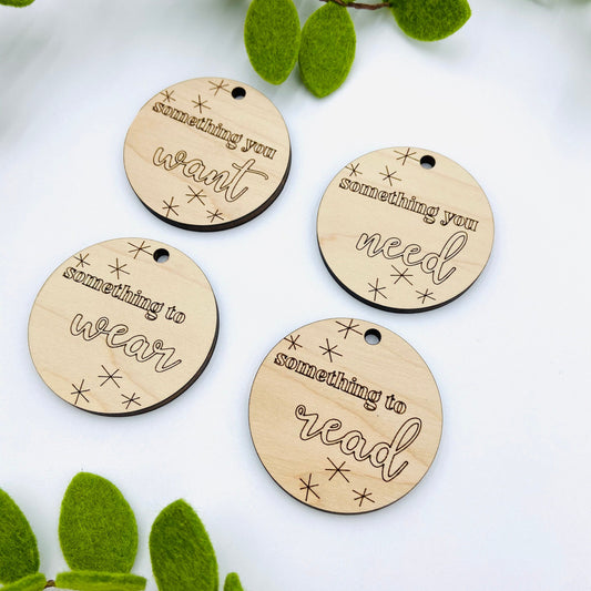 Laser cut gift tags- something you want/need, something to wear/read