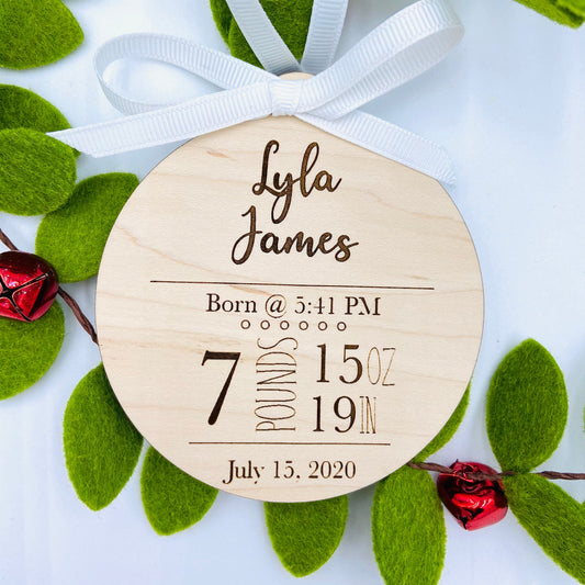 Custom engraved birth statistics Christmas ornament