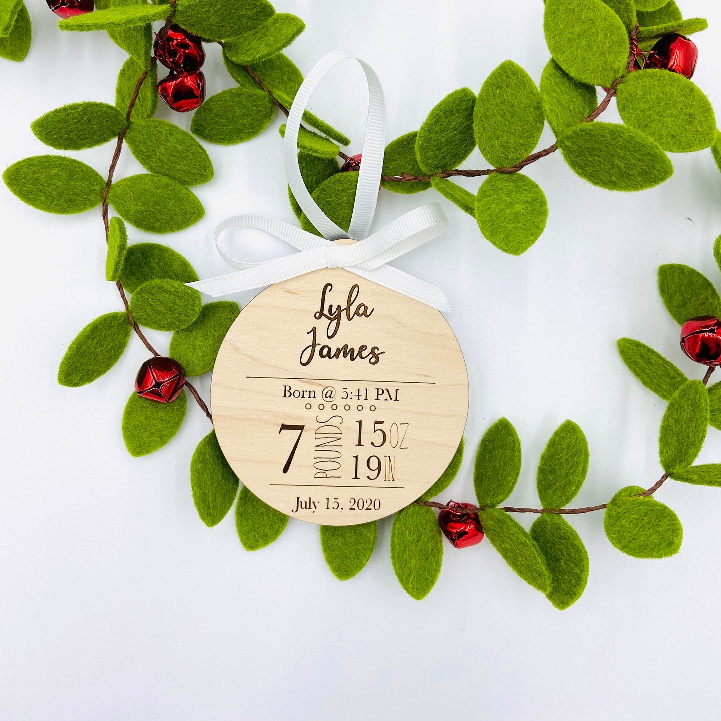 Custom engraved birth statistics Christmas ornament