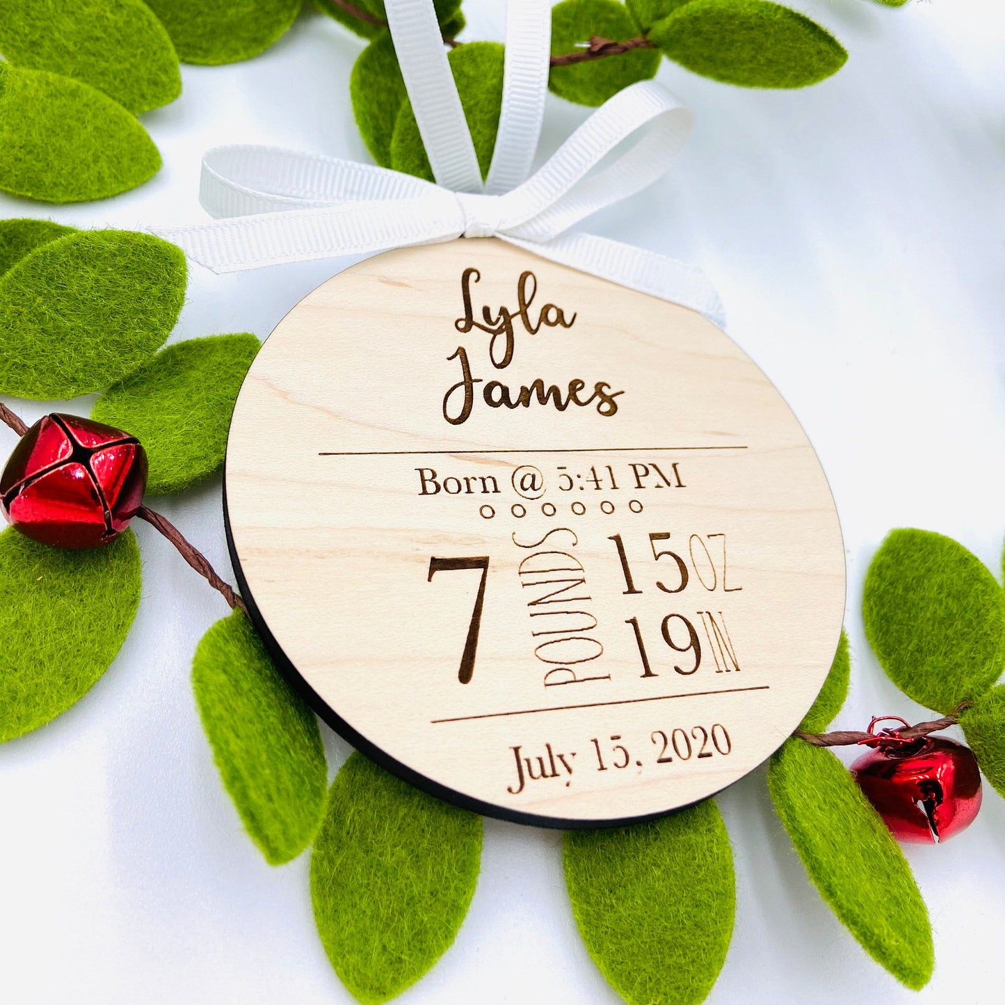 Custom engraved birth statistics Christmas ornament