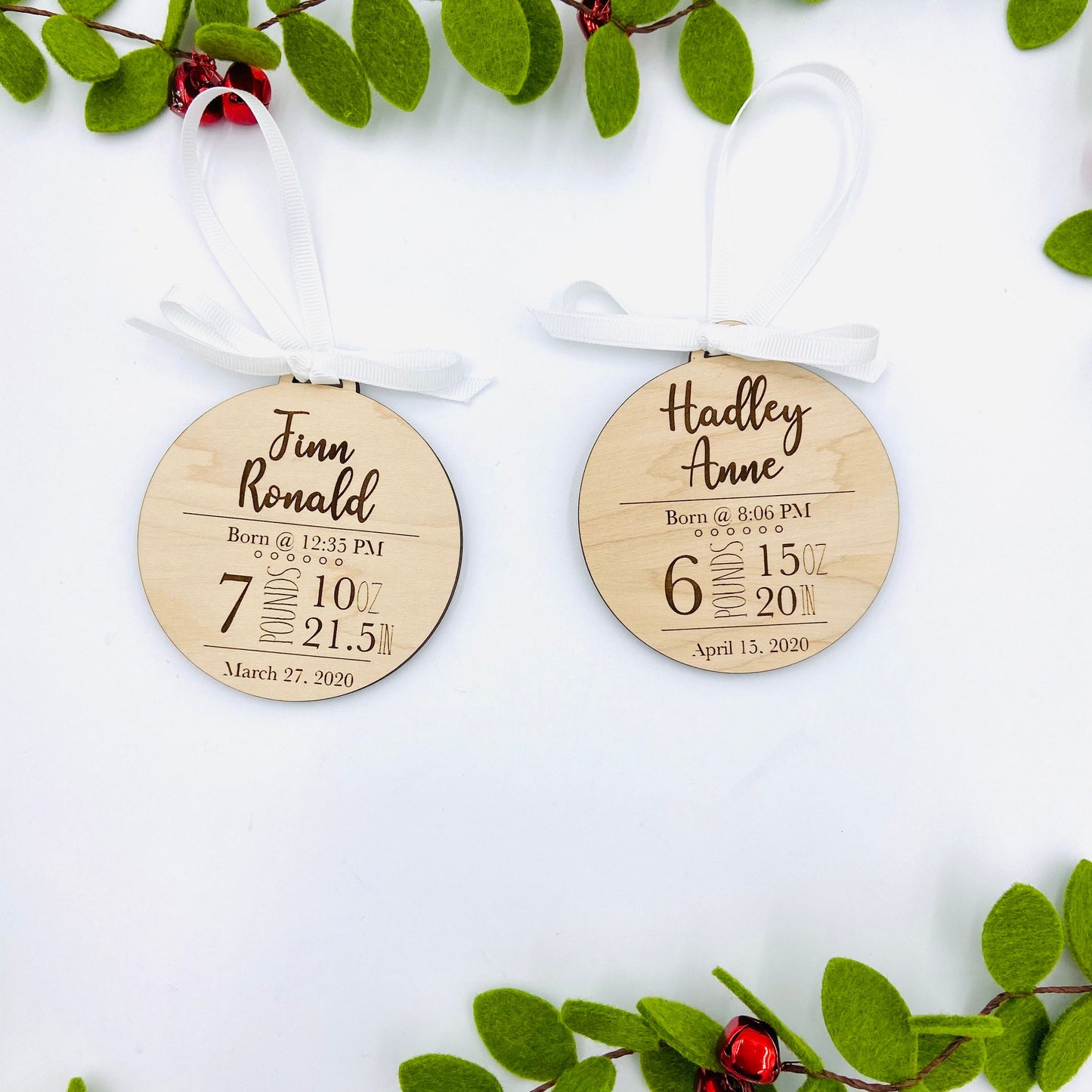 Custom engraved birth statistics Christmas ornament