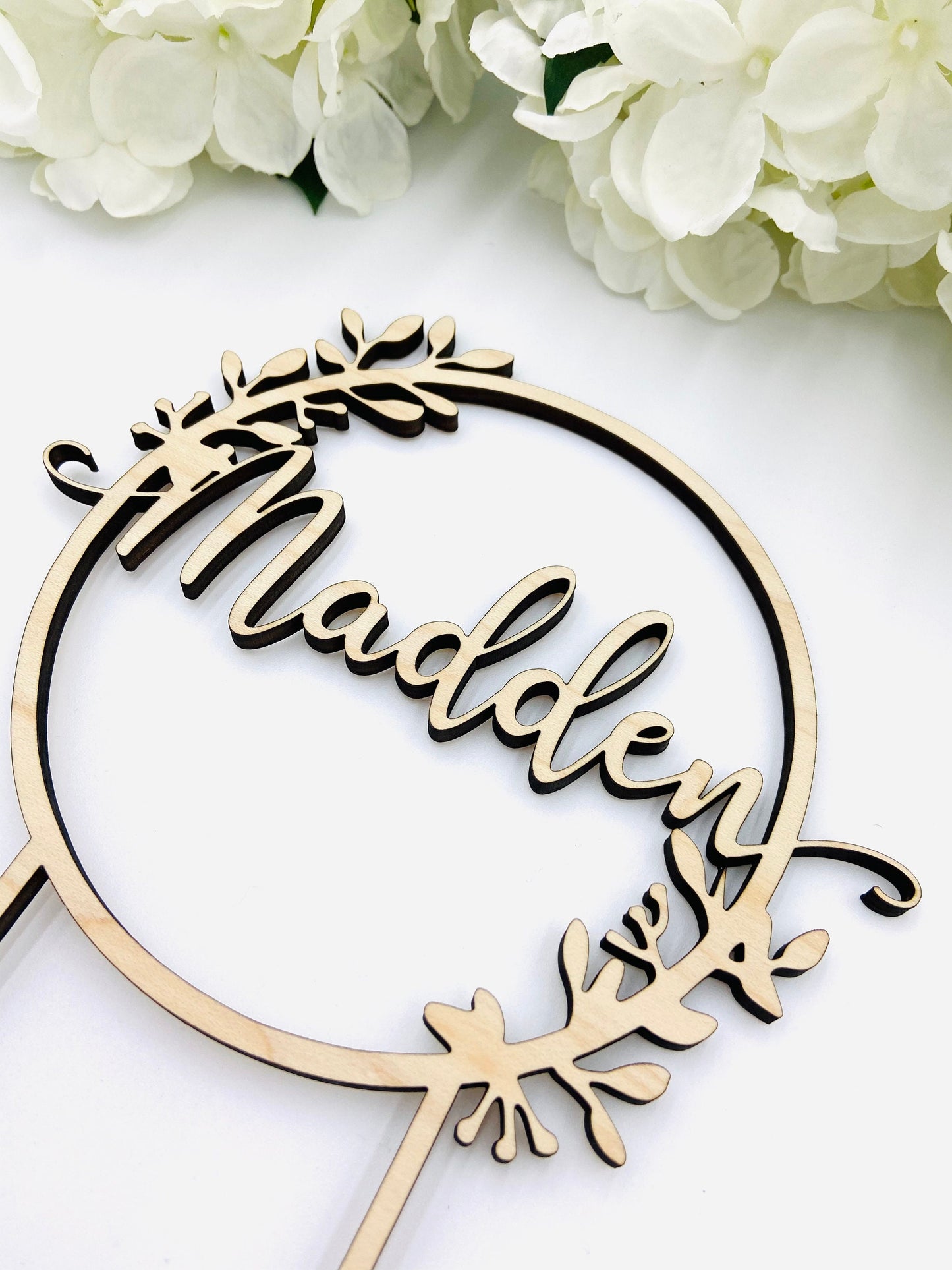 Floral custom phrase wood cake topper