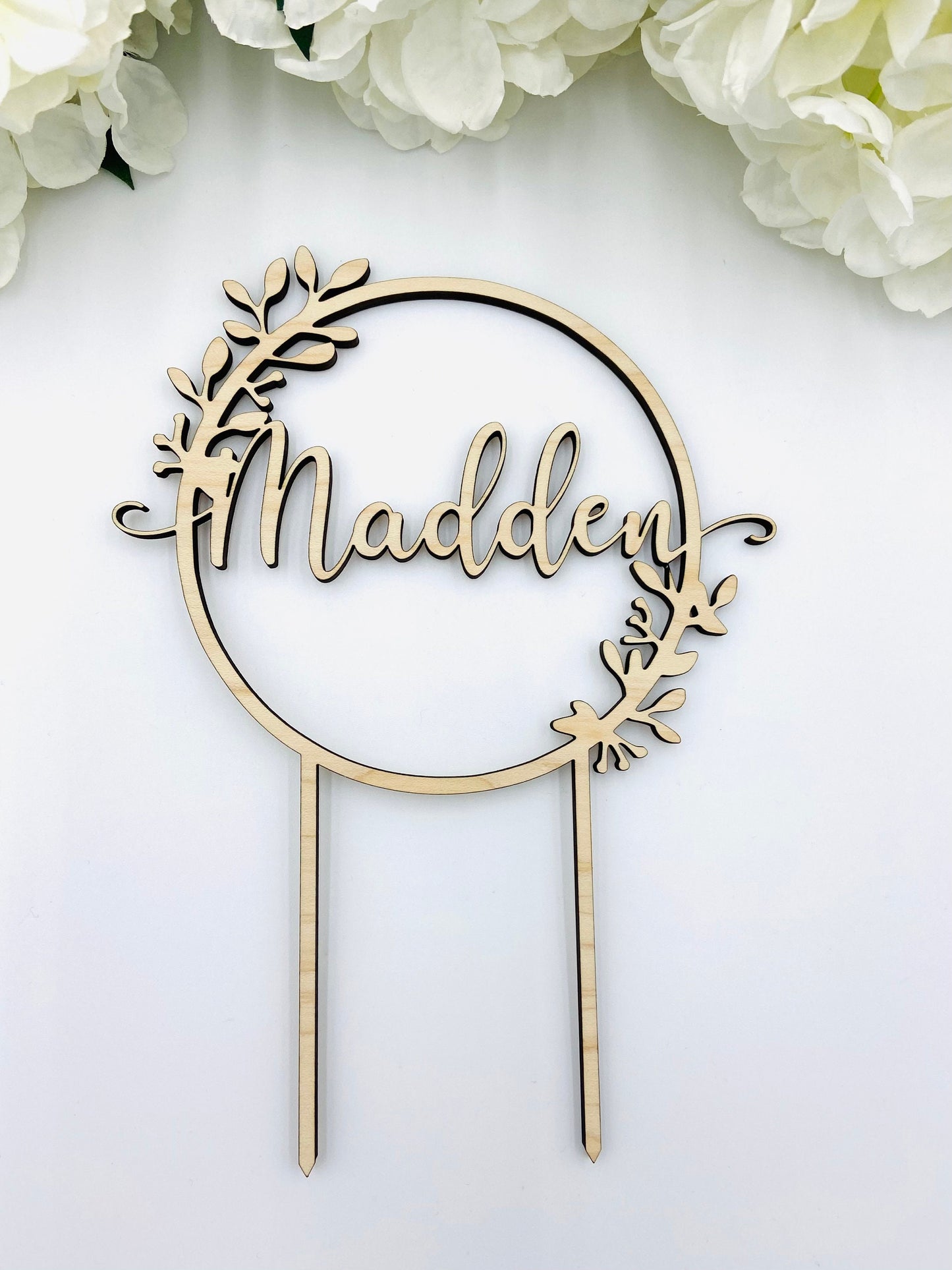 Floral custom phrase wood cake topper