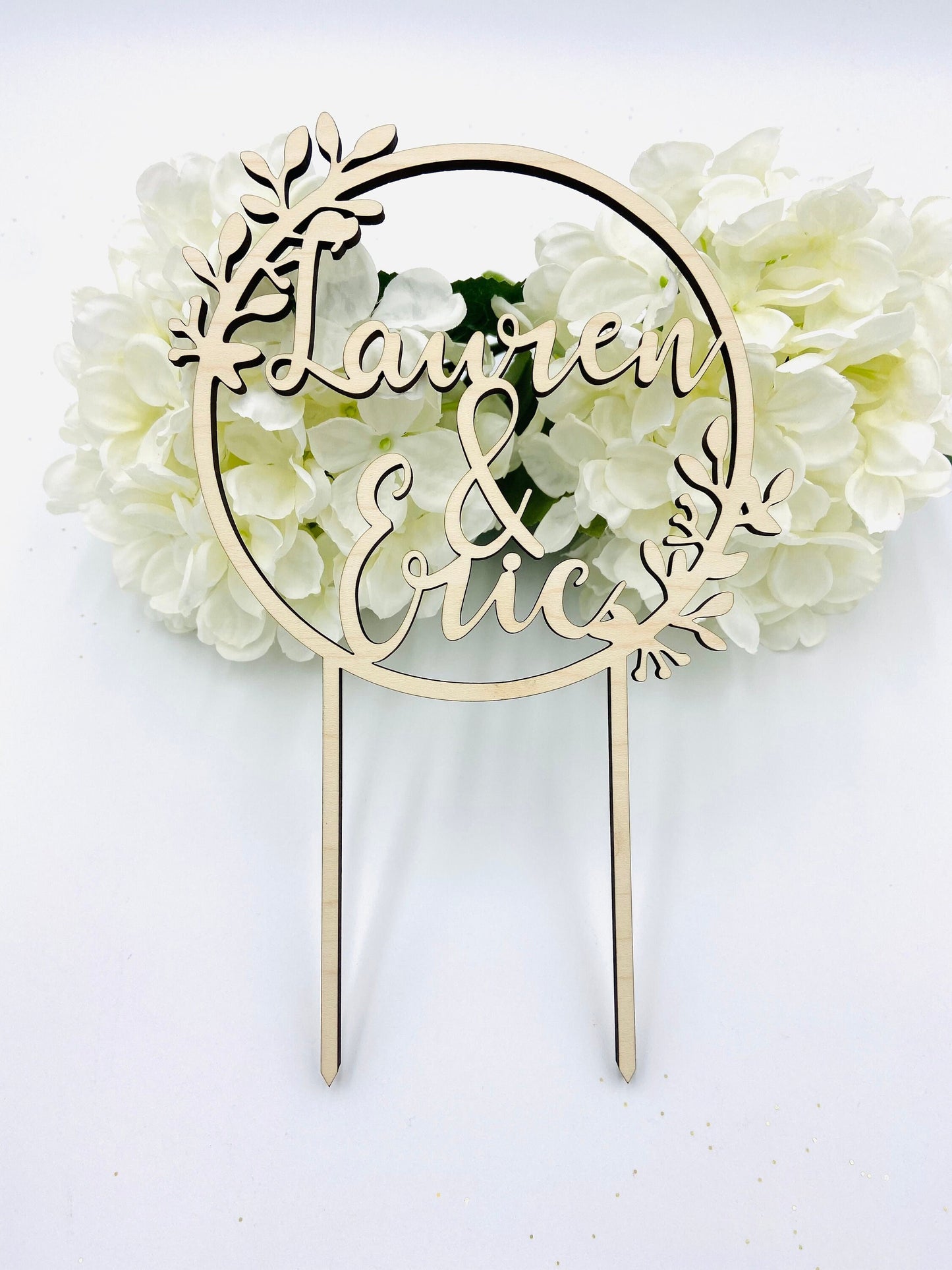 Floral custom phrase wood cake topper