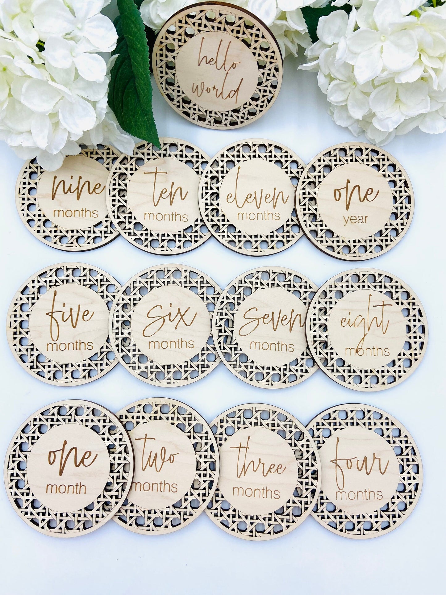 Faux caning/rattan wooden baby monthly milestones