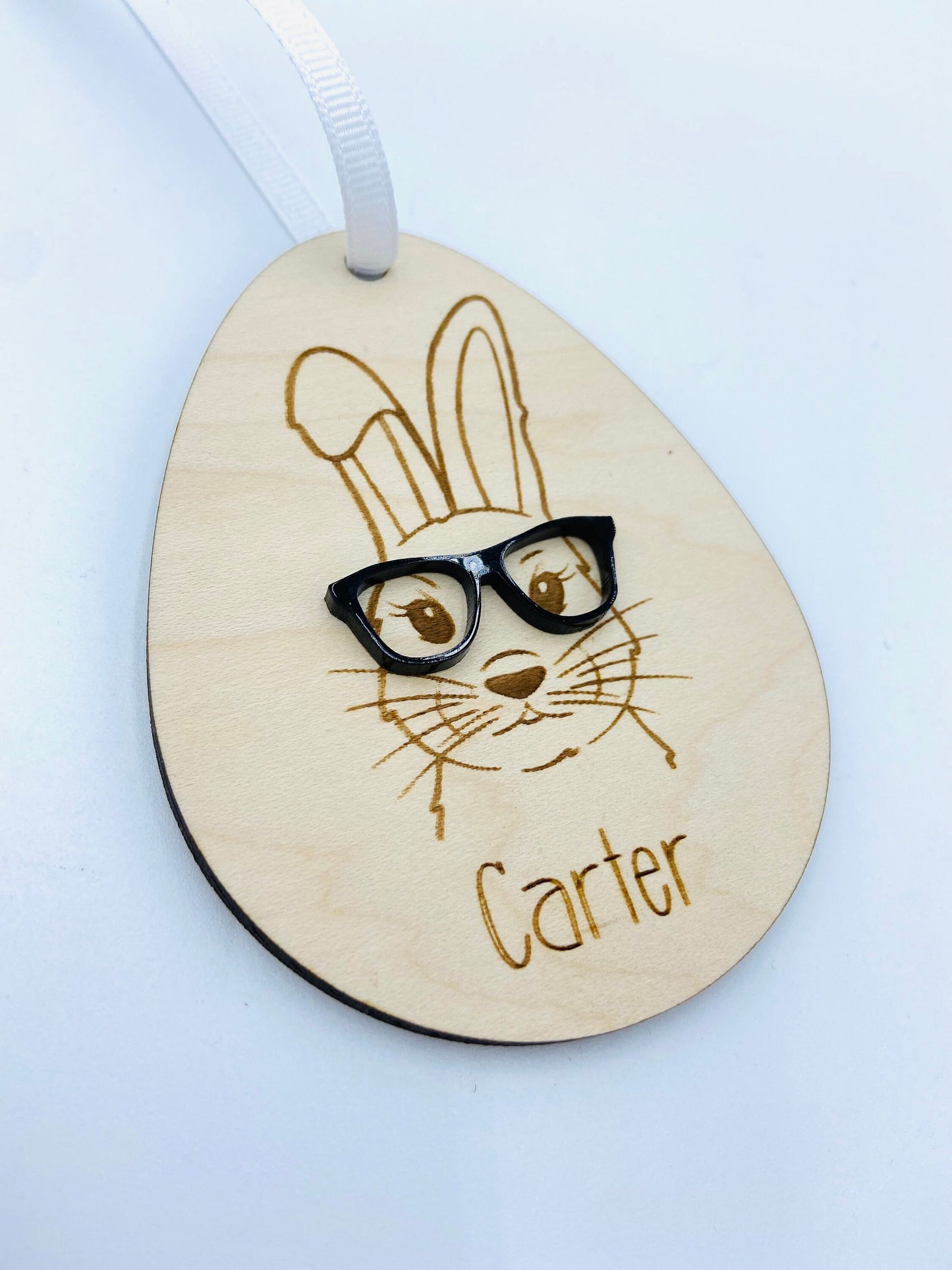 Hipster bunny wood and acrylic Easter basket tag, customized with name and glasses