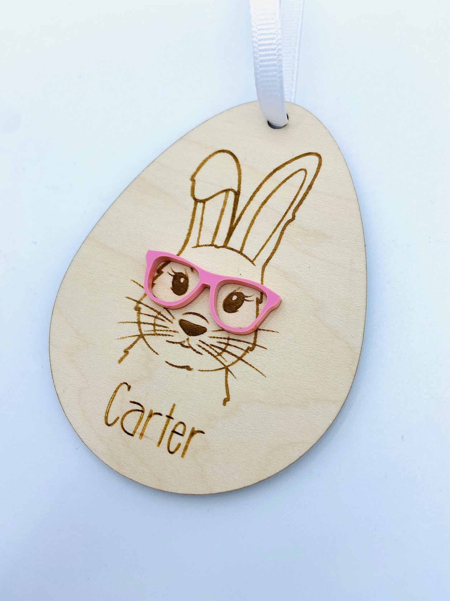 Hipster bunny wood and acrylic Easter basket tag, customized with name and glasses