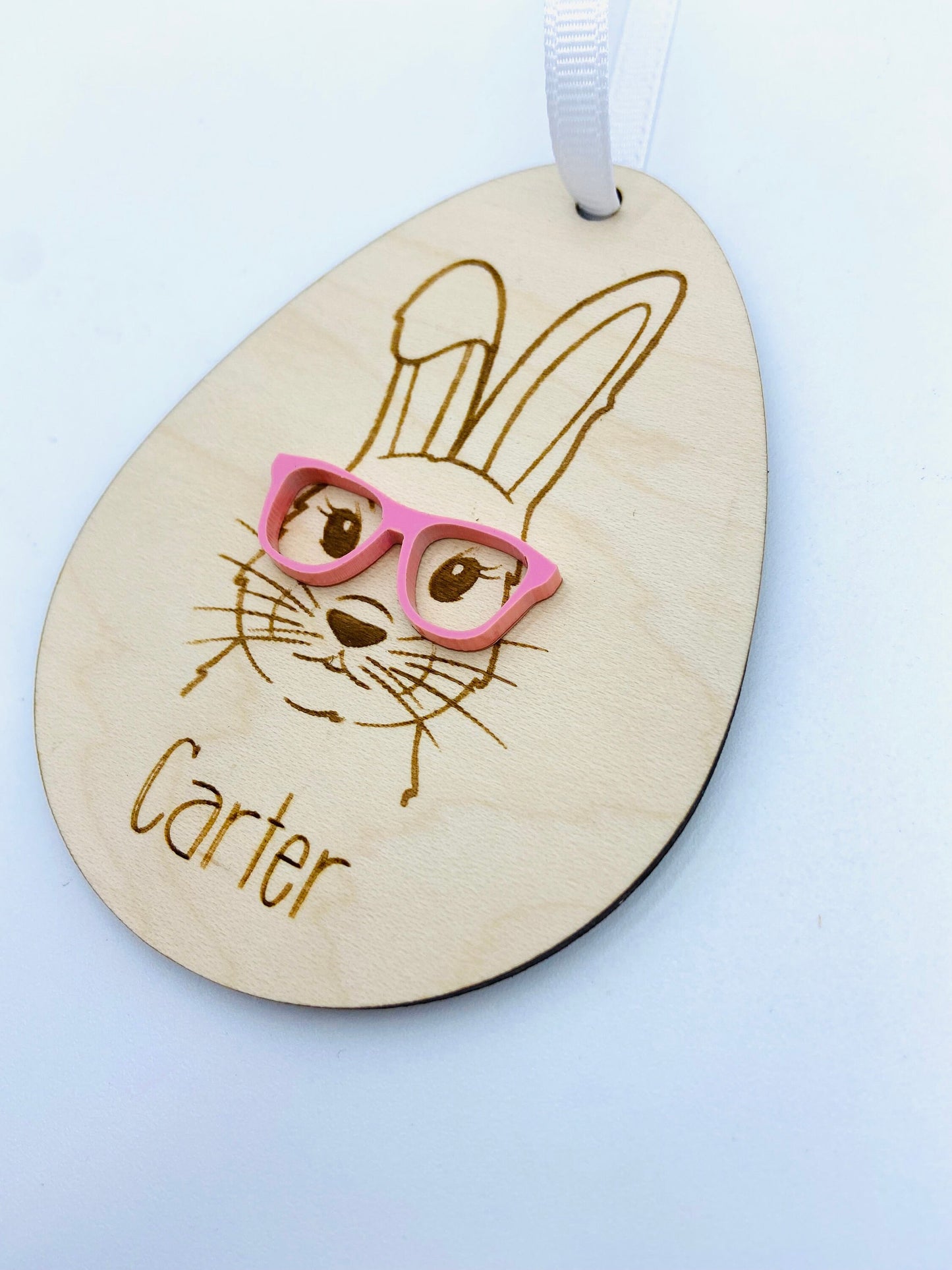 Hipster bunny wood and acrylic Easter basket tag, customized with name and glasses