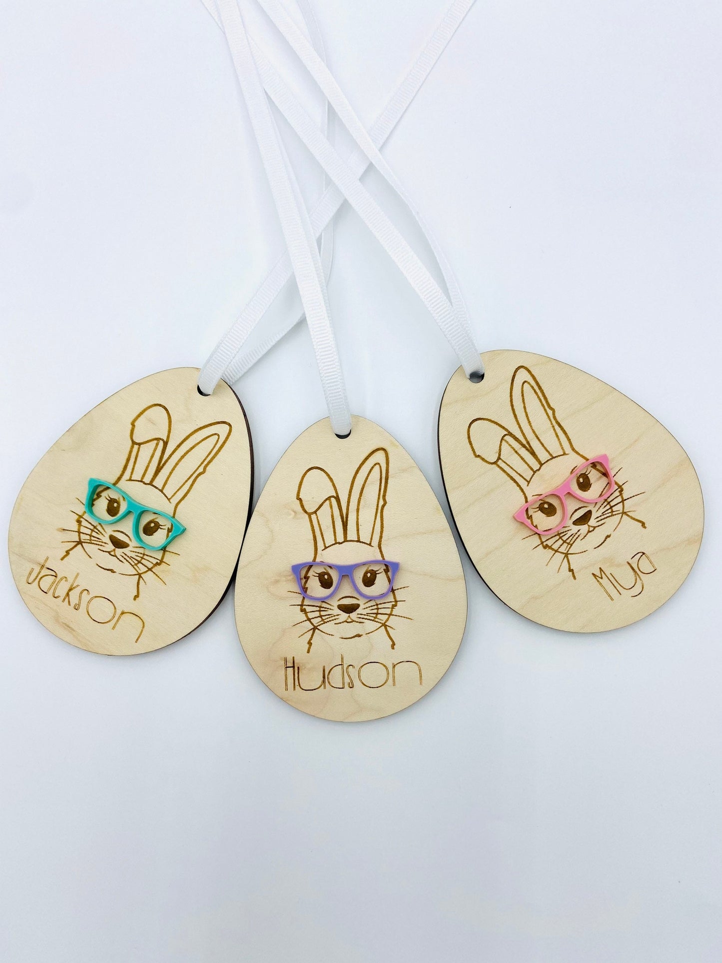 Hipster bunny wood and acrylic Easter basket tag, customized with name and glasses