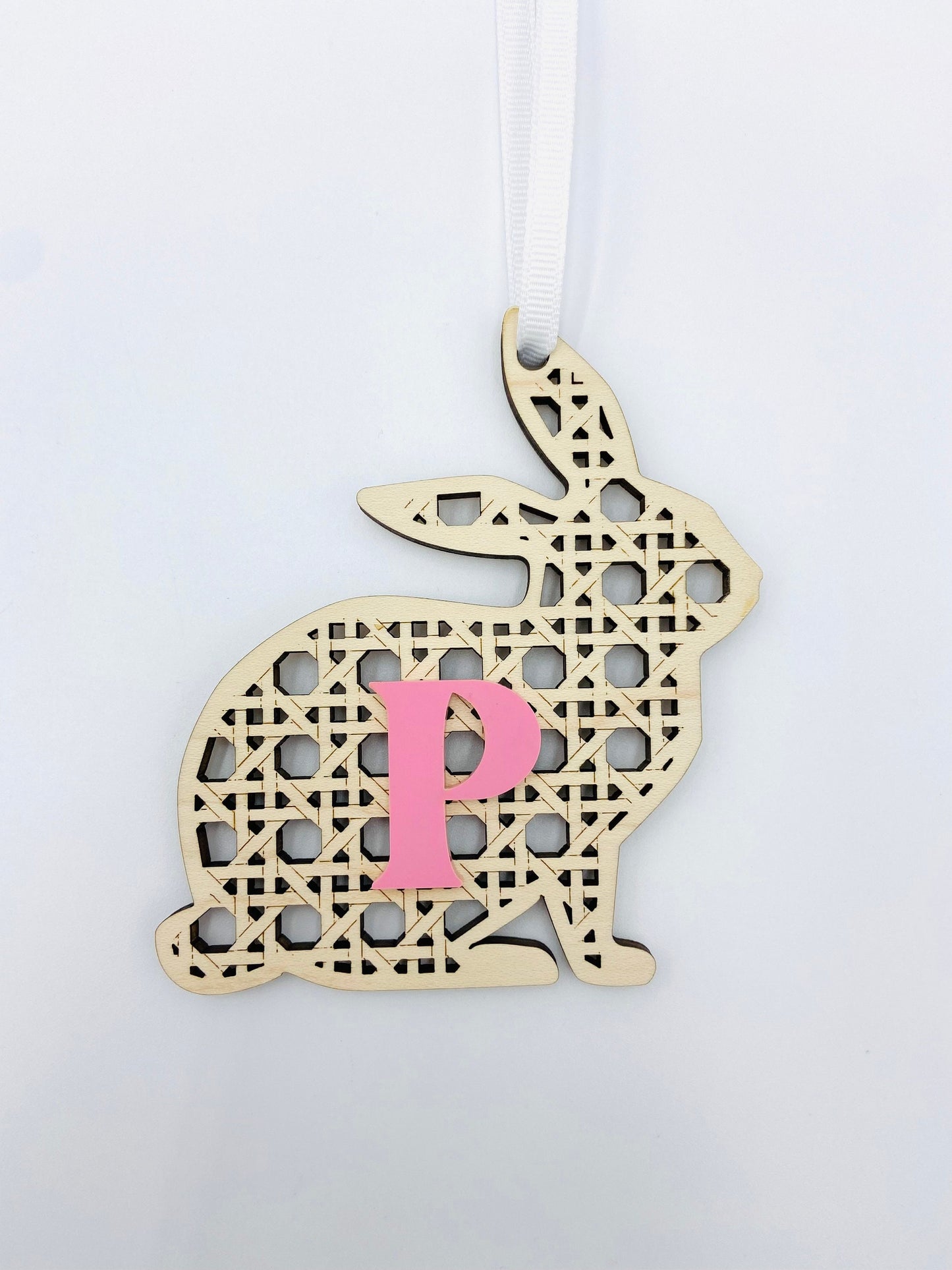 Faux caning/rattan wood and acrylic Easter basket bunny tag