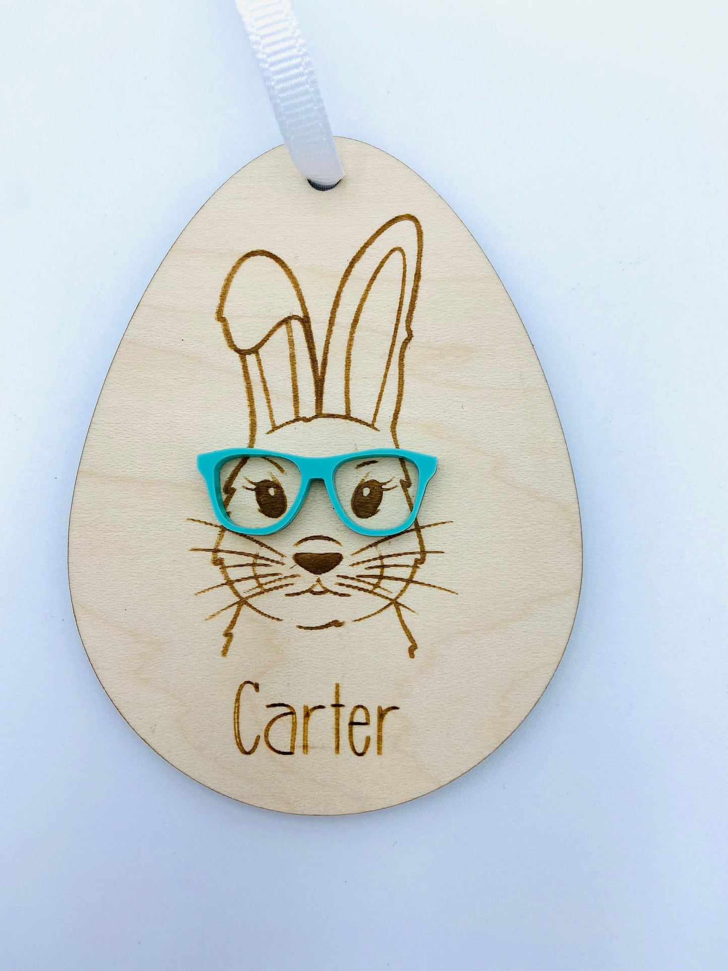 Hipster bunny wood and acrylic Easter basket tag, customized with name and glasses