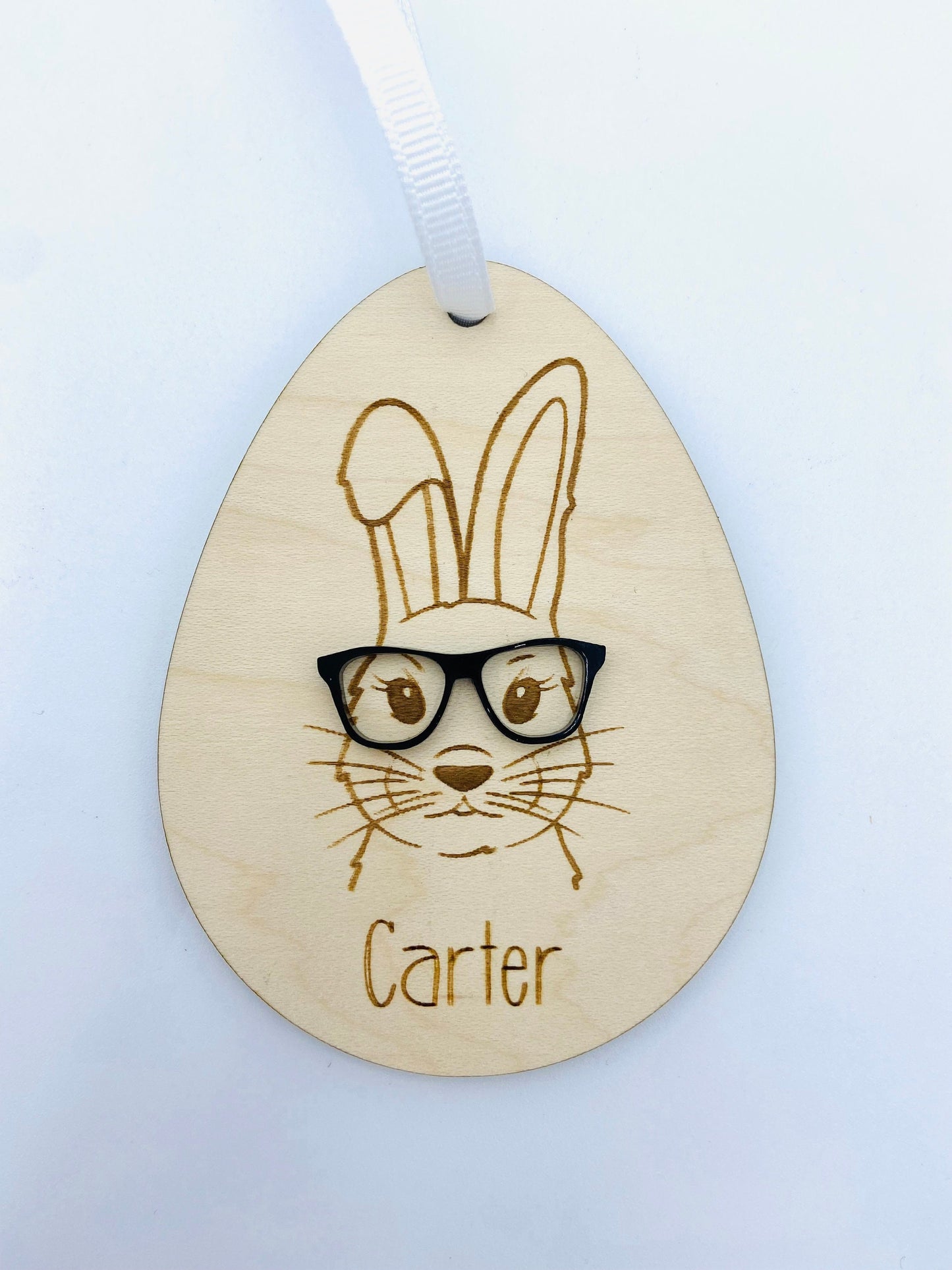 Hipster bunny wood and acrylic Easter basket tag, customized with name and glasses